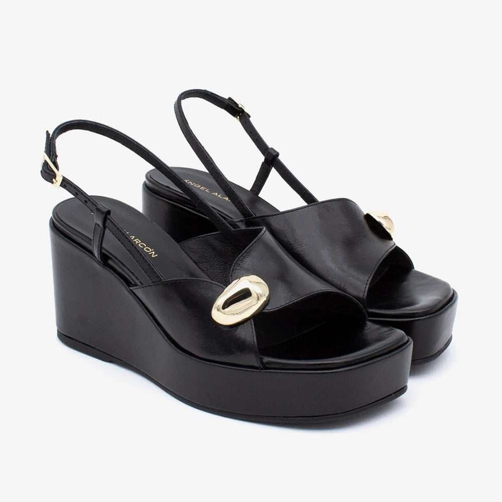 Angel Alarcon FIORELLA Black Leather Wedge Sandal