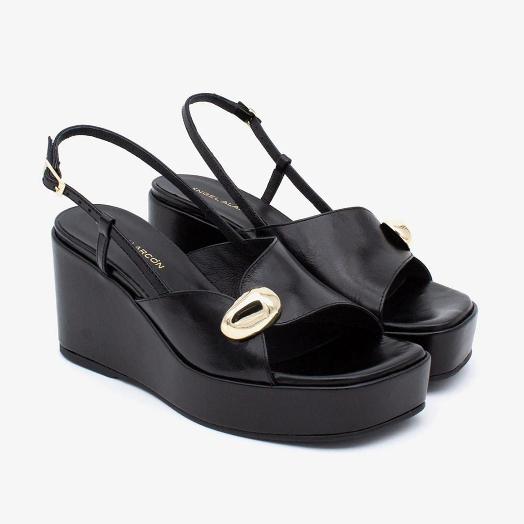 Angel Alarcon FIORELLA Black Leather Wedge Sandal