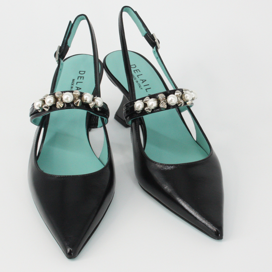 DELAILA PALMIRA Black Leather Jeweled Pumps