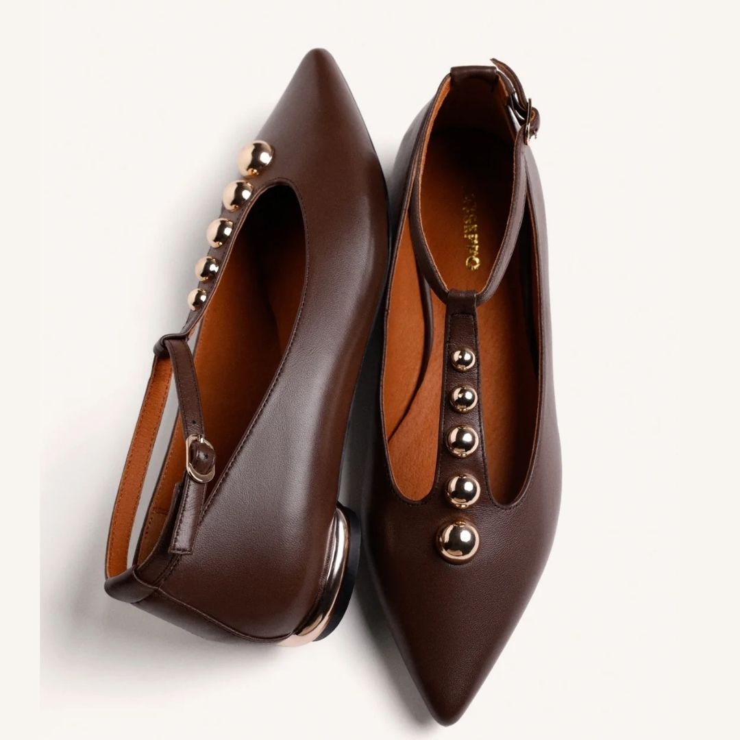 GIOSEPPO CLARA Leather Brown Studded Ballet Flats