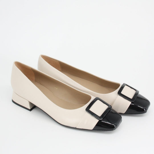 Gerry McGuire's LORENA Leather Black and Sand Patent Pumps