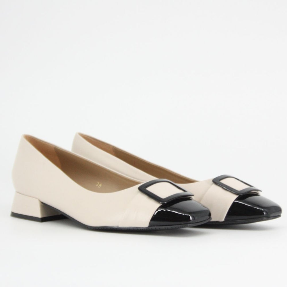 Gerry McGuire's LORENA Leather Black and Sand Patent Pumps
