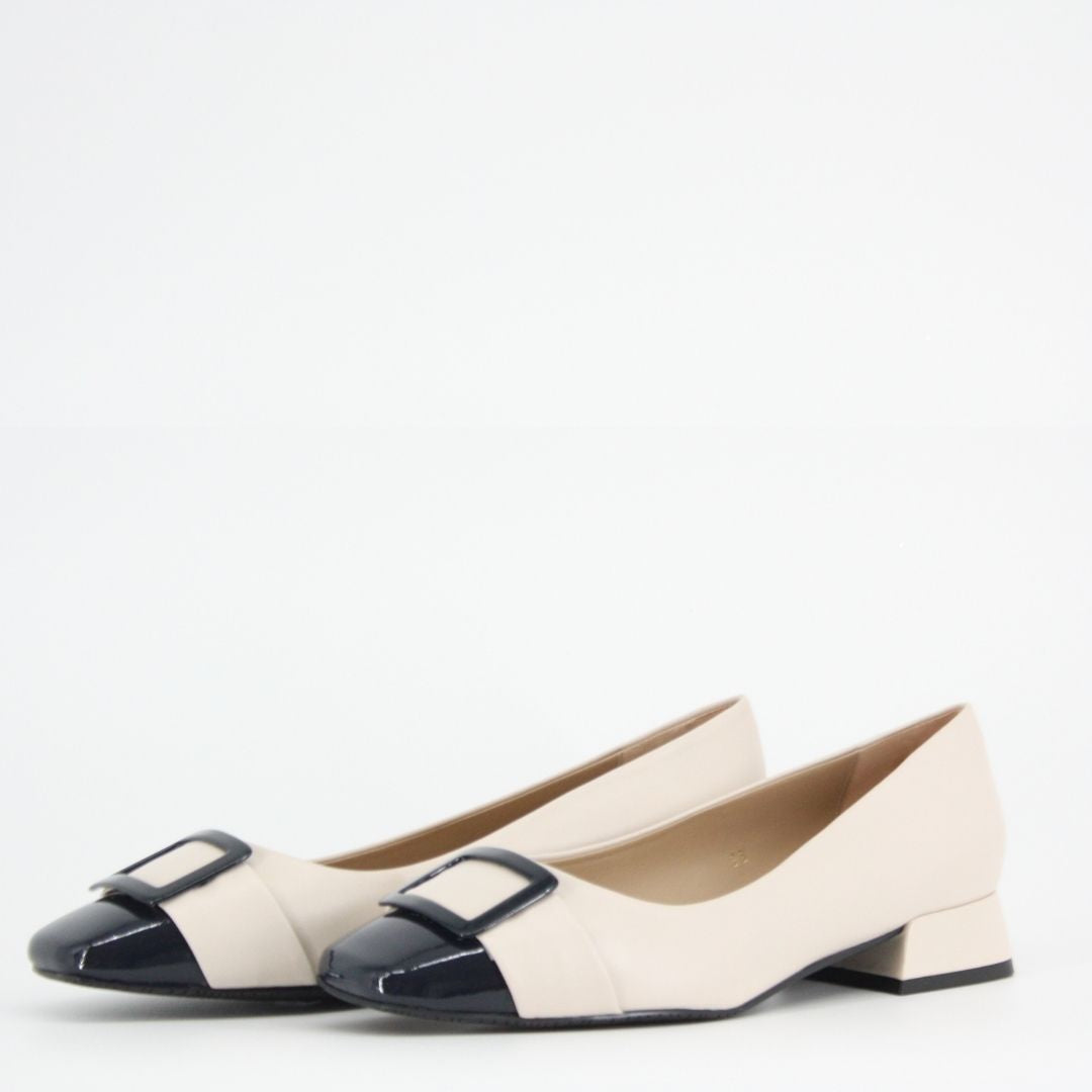 Gerry McGuire's LORENA Leather Navy and Sand Patent Pumps