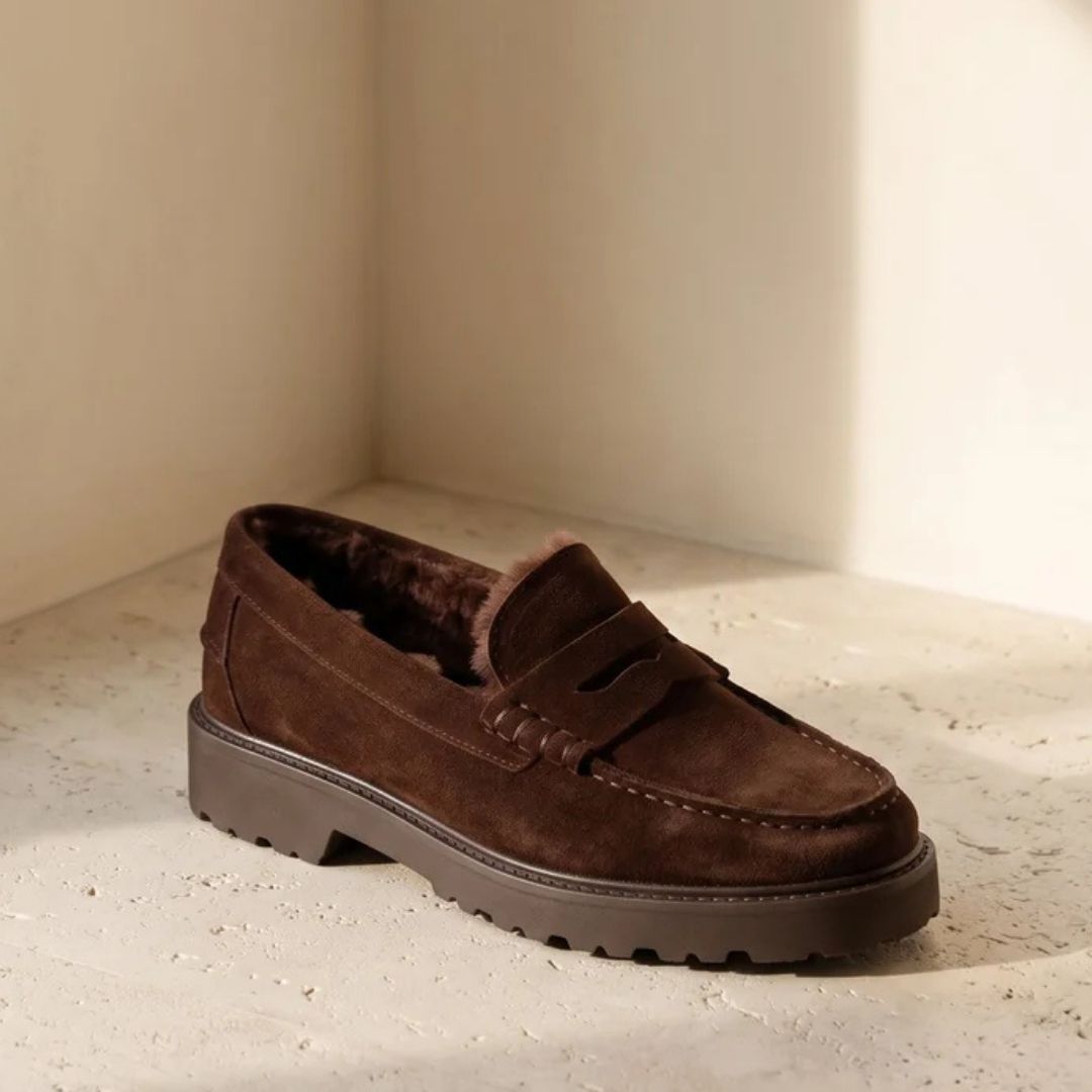 KMB ROE Chocolate Faux-Fur Lined Suede Loafers