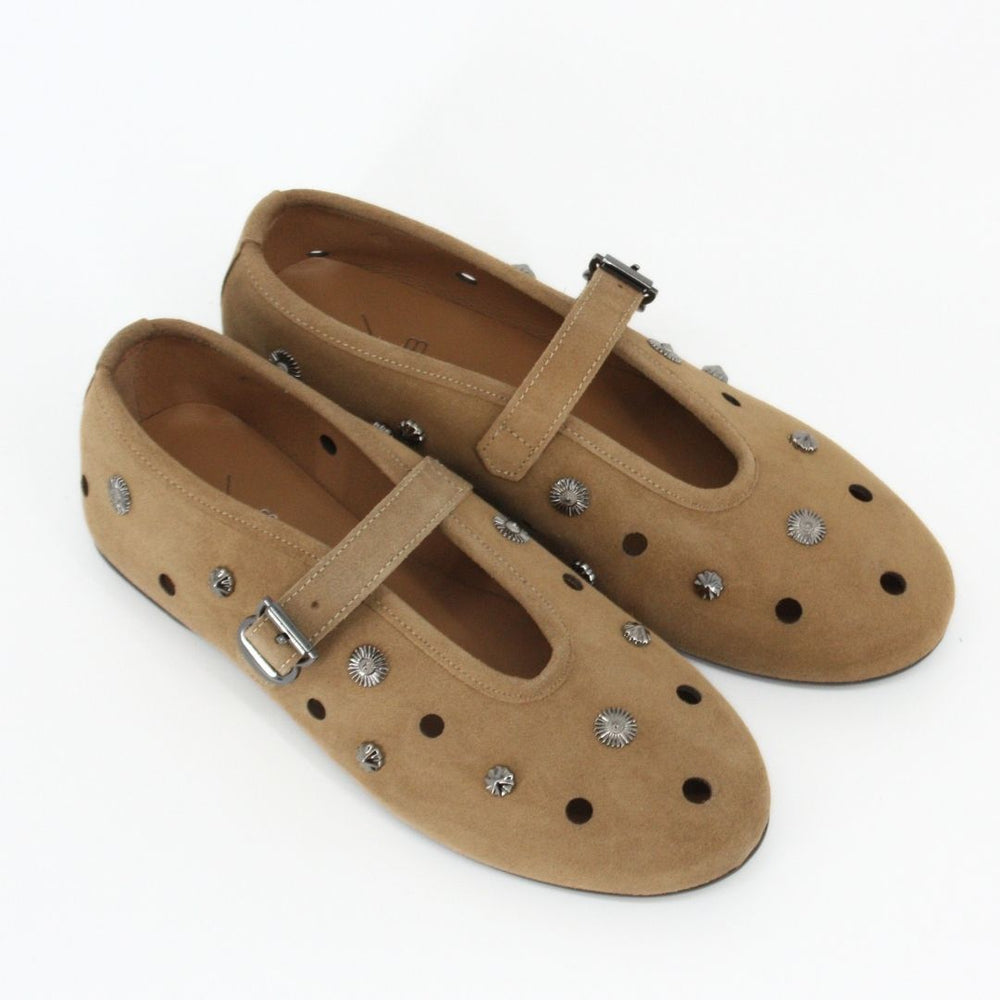 KMB MARISA Camel Suede Ballet Flats with Embellished Stud Detail