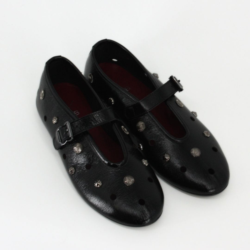 KMB MARISA Black Leather Ballet Flats with Embellished Stud Detail