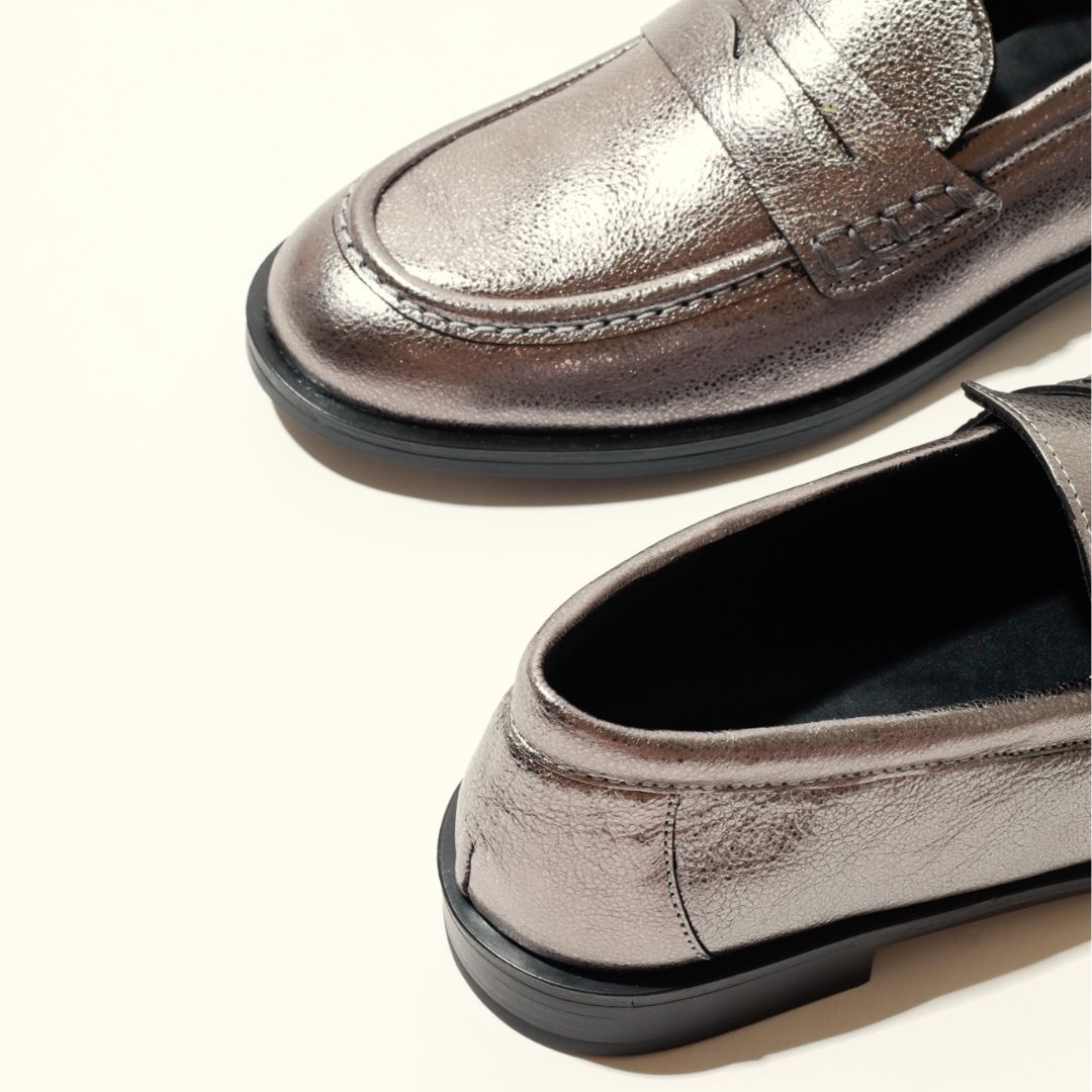 KMB EMELIA Metallic Silver Leather Loafers