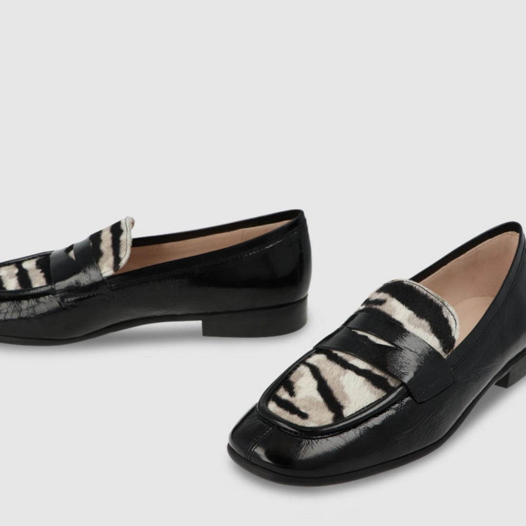 LODI ALA Black Patent Loafers With Animal Print