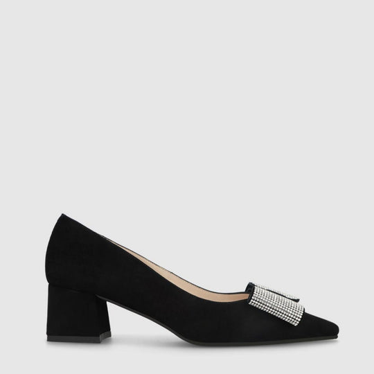LODI CHAMIN Black Suede Pumps With Crystal Bow Detail