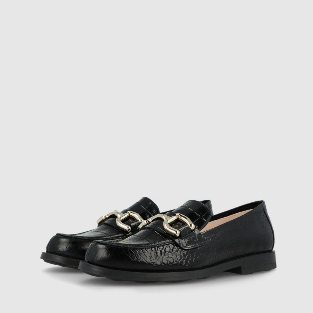 Lodi IVA Black Leather Loafers With Chain Detail